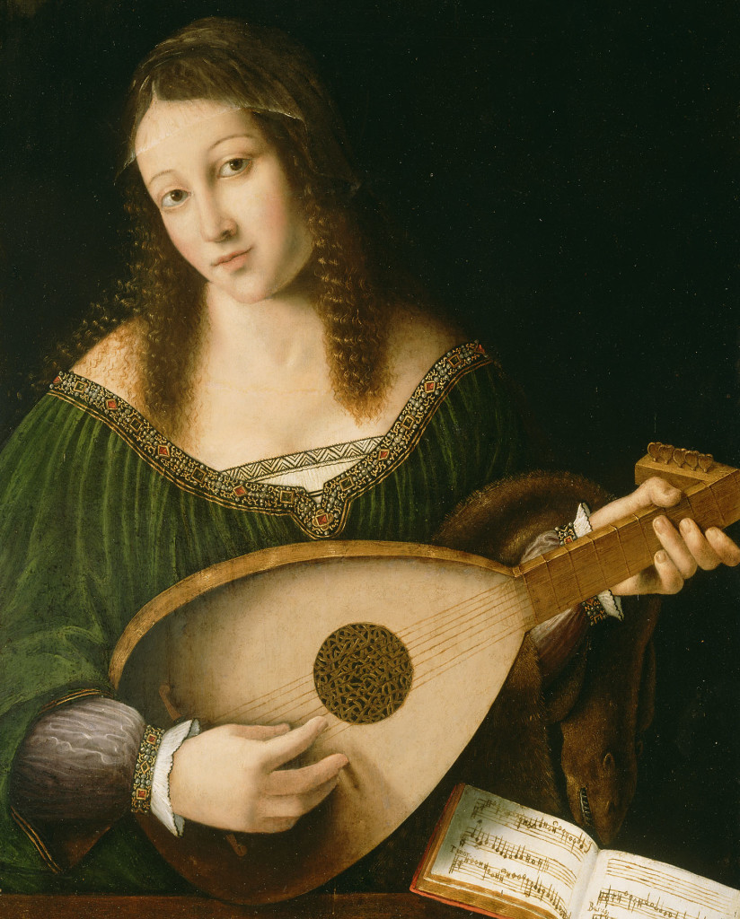 Lady Playing a Lute; Bartolomeo Veneto and workshop (Italian, died 1531, active 1502 - 1555); about 1530; Oil on panel; 55.9 x 41.3 cm (22 x 16 1/4 in.); 78.PB.221